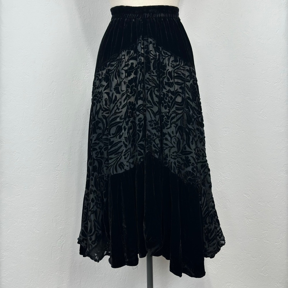 Whimsigoth Boho Goth Maxi Skirt One Size Floral Velvet Burnout Ruffle Sheer